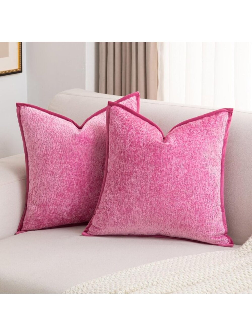 Set of 2 Soft Chenille Throw Pillow Covers 18x18 - Vibrant Hot Pink Decor